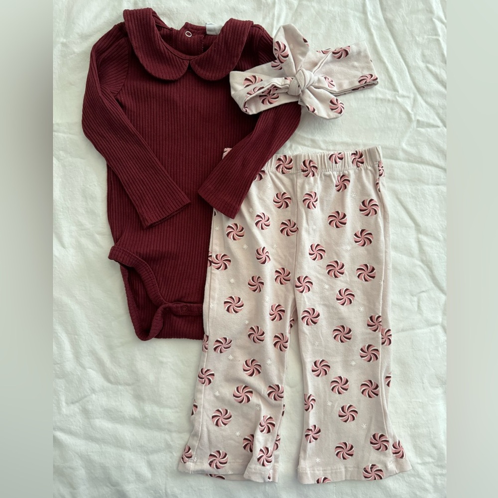 pl baby girls holiday set size 12 month onesie, pants, and headband